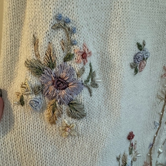 VTG Floral Embroidered Beaded Grannycore Women Collared Button Up Sweater Cream - Picture 4 of 14